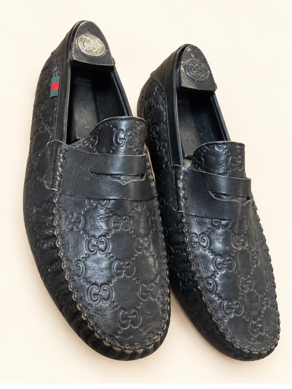 Gucci Guccissima Black Leather GG Monogram Penny Driver Loafers